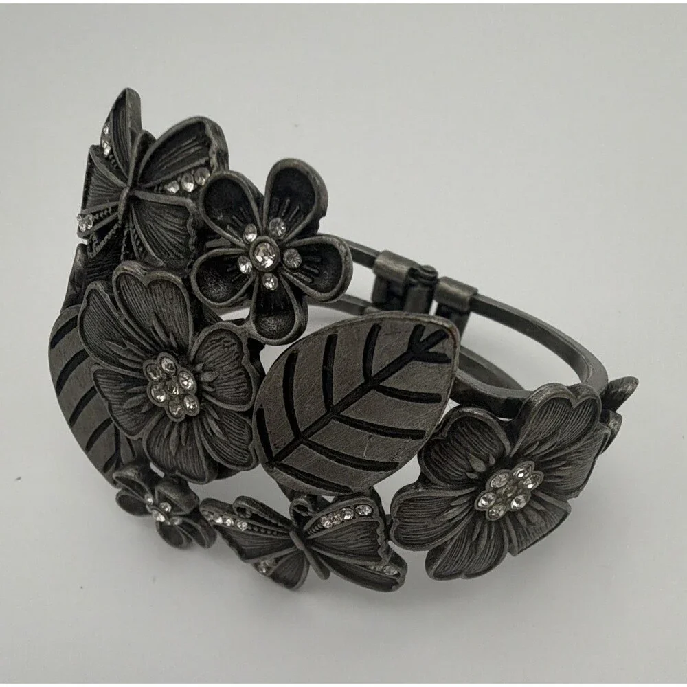 Black Tone Floral Butterfly Leaf Hinged Cuff Bracelet Clear Rhinestones